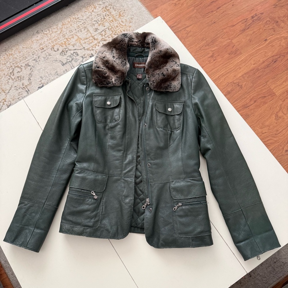 DANIER Forest Green Leather Jacket Removable Faux Fur Collar Quilted Lining Luxe - Picture 4 of 9